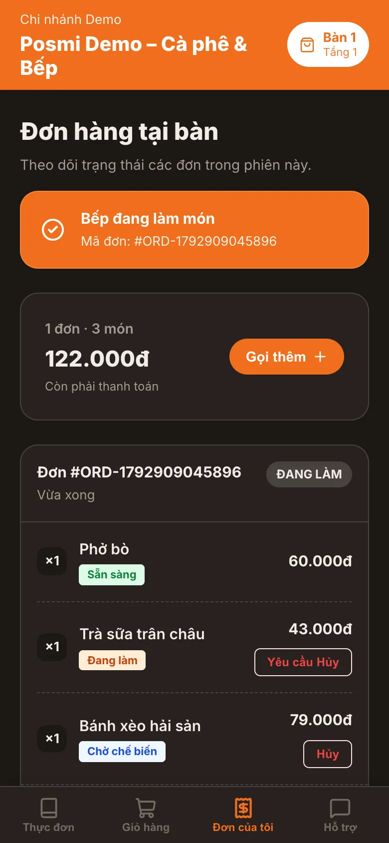 Khách theo dõi món đang làm tới đâu ngay trên điện thoại